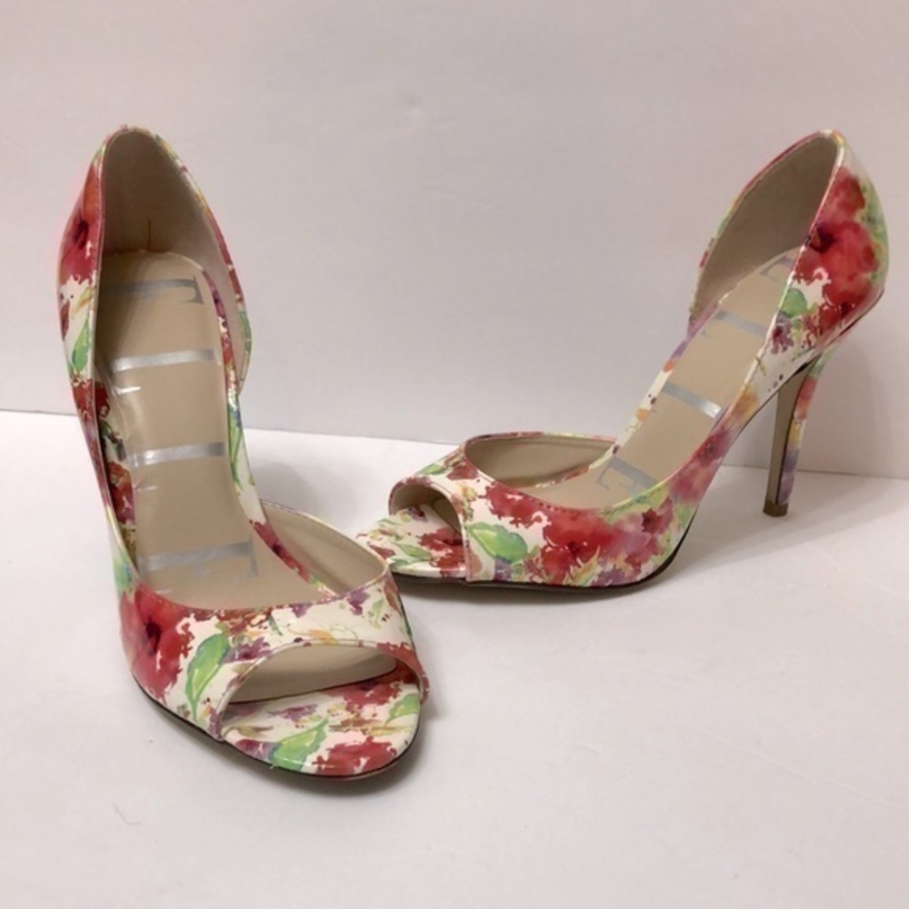 💖 ELLE Katia Floral Peep Toe Heels, Red Pink Multi Homecoming Prom Vibe, Sz 9